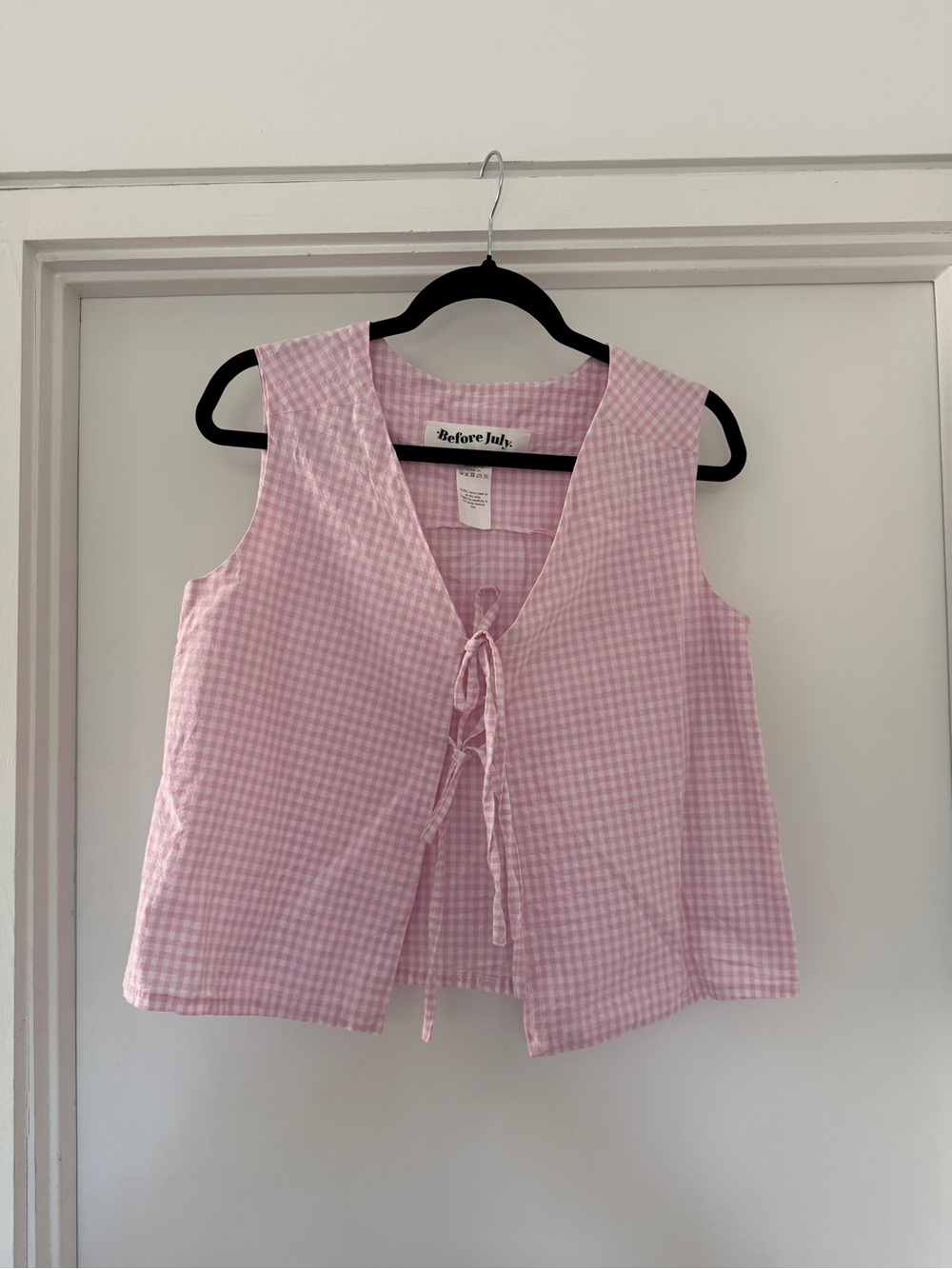 Pink Gingham Tie-Front Sleeveless Blouse